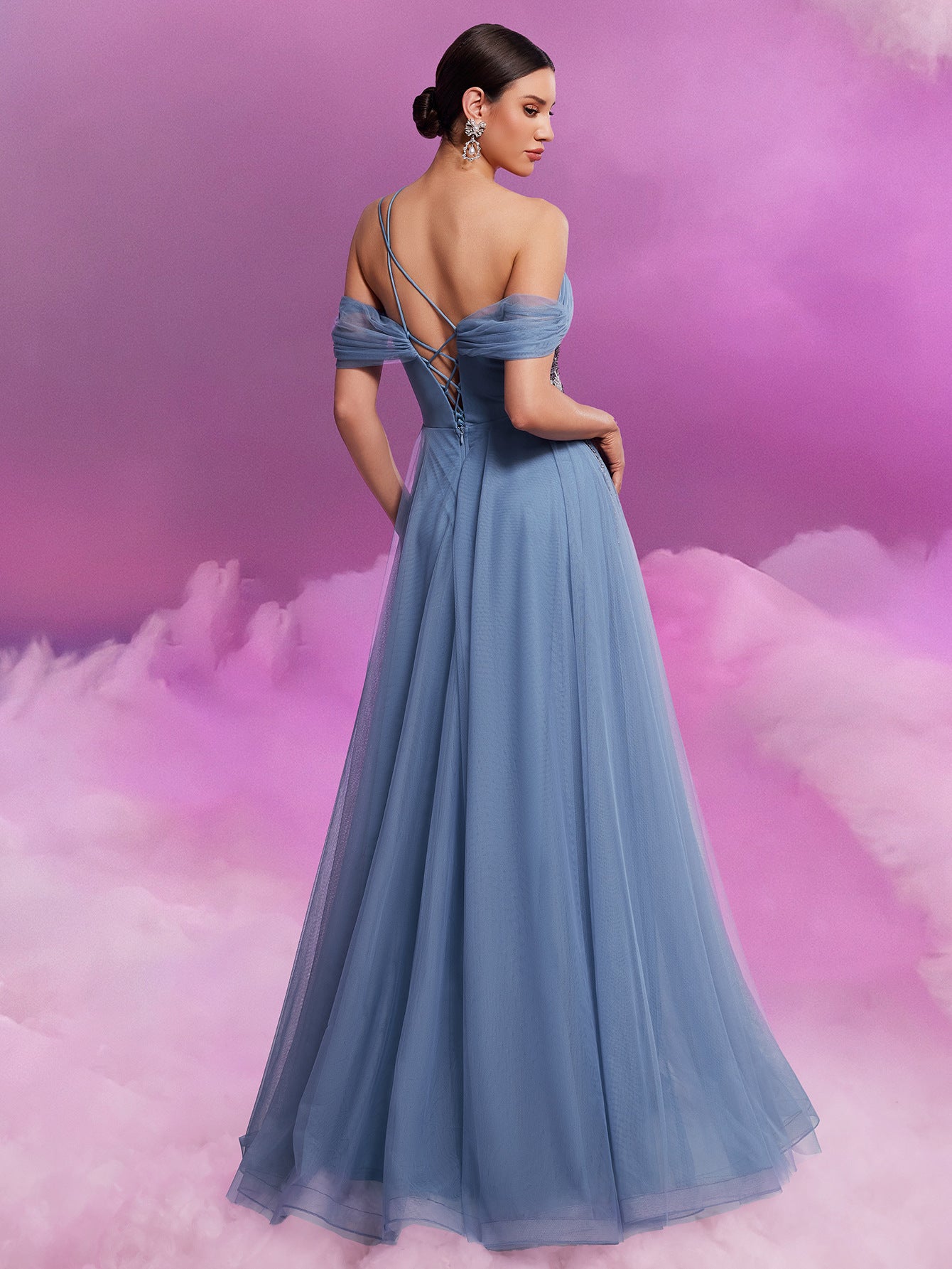 Women's Elegant Sequin Mesh Off Shoulder Chic A-Line Floor Length Cocktail Formal Evening Dress 3