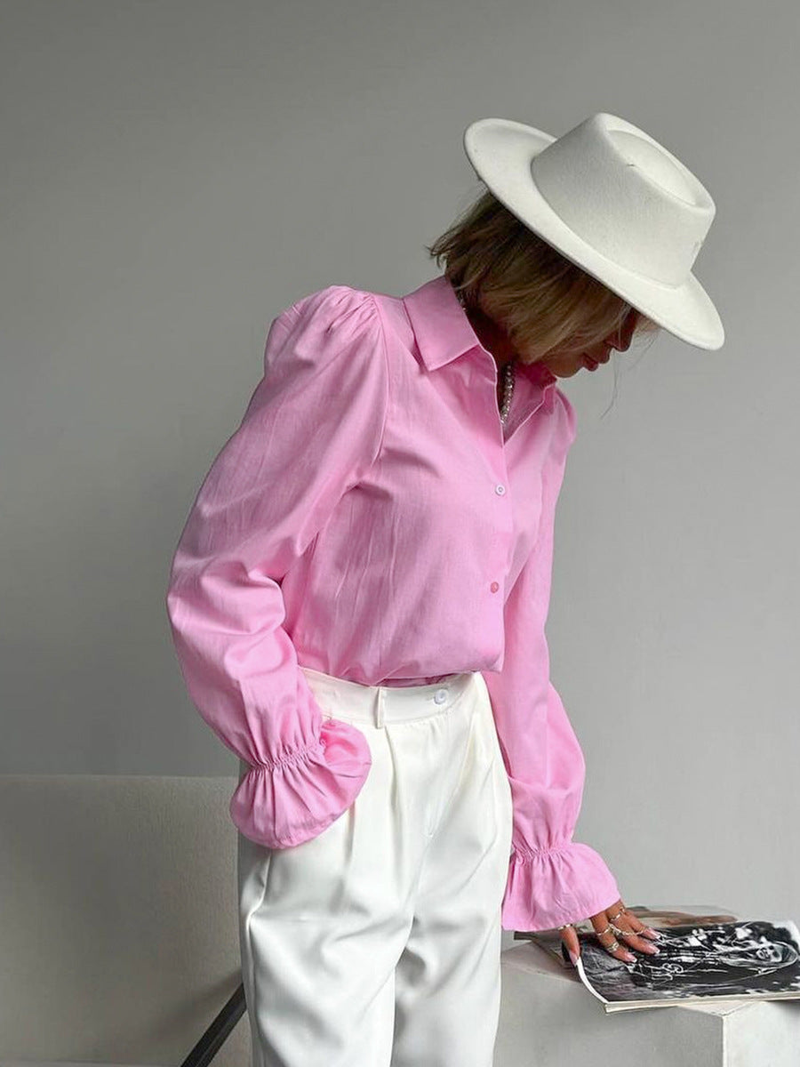 Women autumn and winter blue Turndown Collar Bell Bottom sleeve Shirts 7