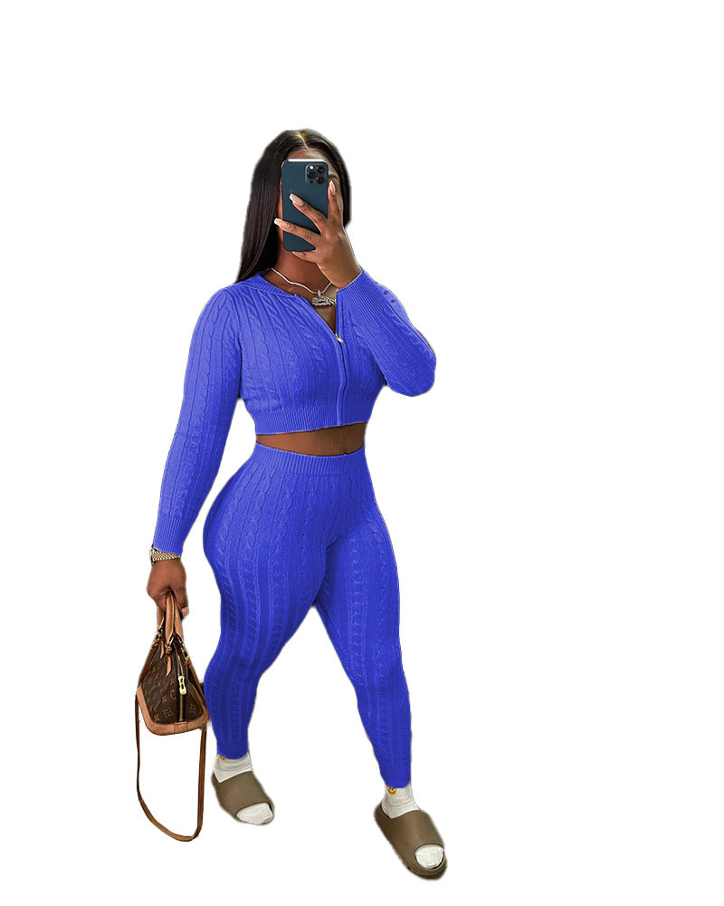 Women Solid knitting sweater and trousers two-piece set 12