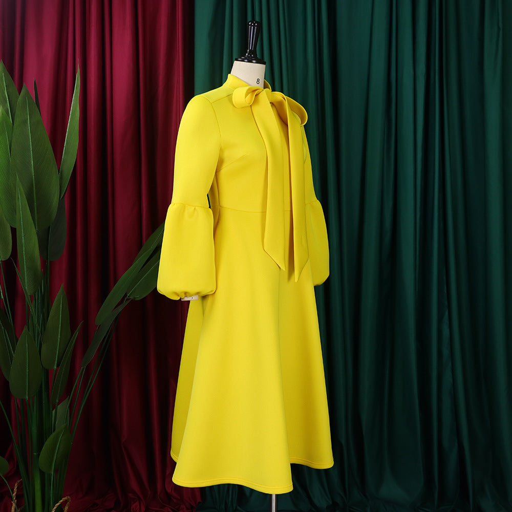 Women's Puff Sleeve Bow Tied High Waist A-Line Party Dress 36