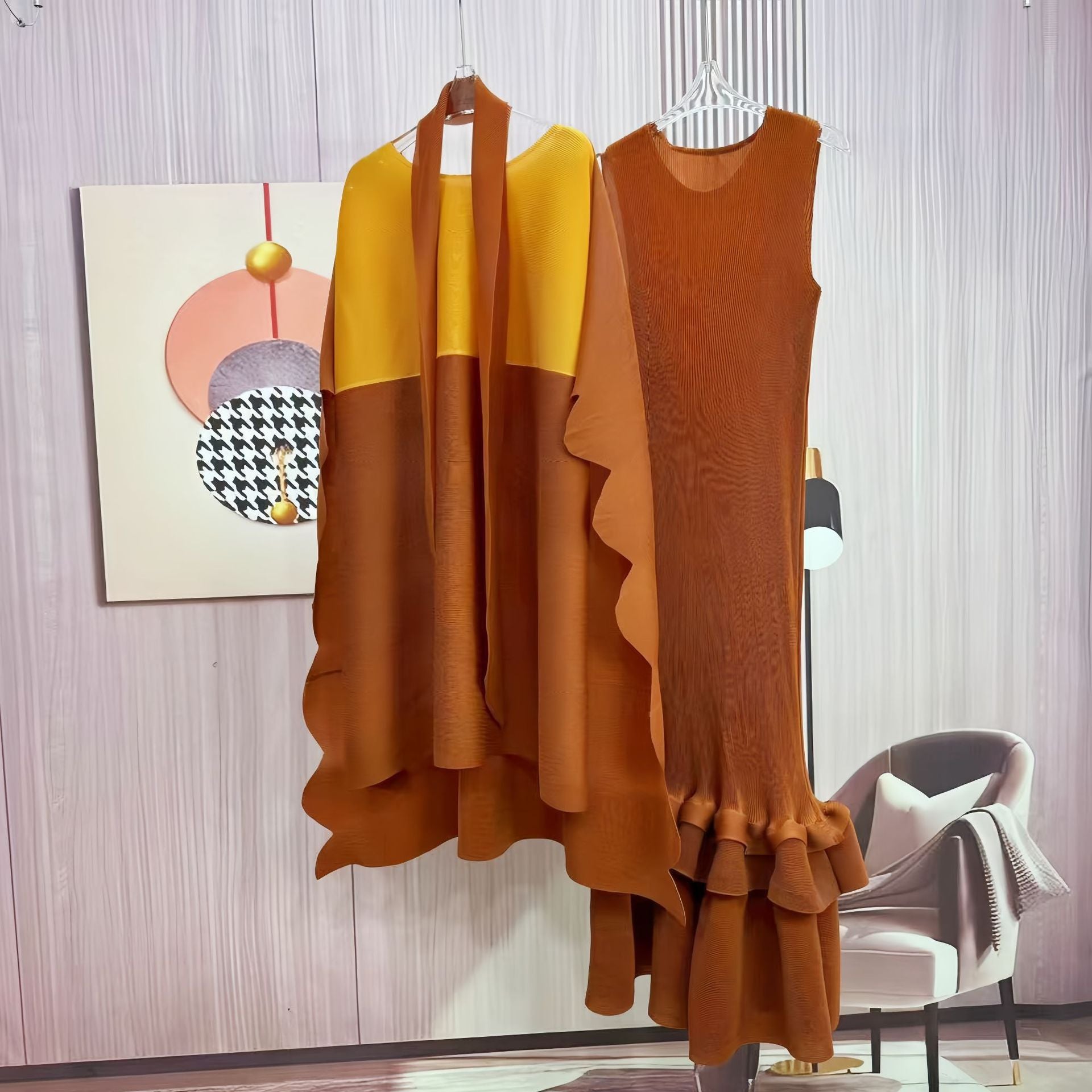 Africa Plus Size Contrast Color Round Neck Ruffle Fashion Two-Piece Dress Set 5