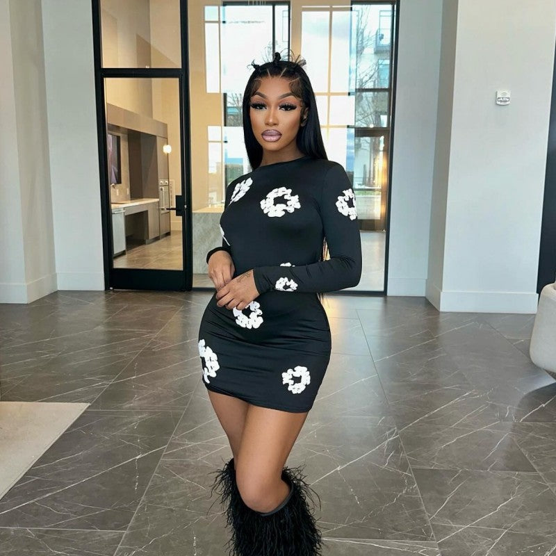 Women Round Neck Long Sleeve Flower Print Dress 6