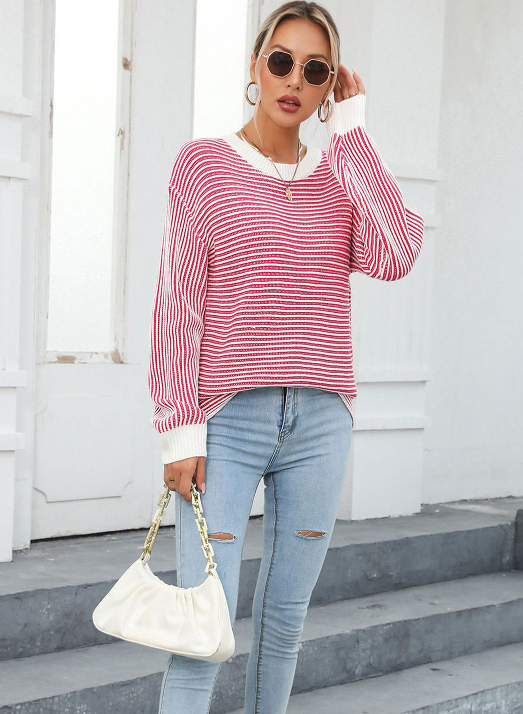 Autumn And Winter Women's Color-Blocked Round Neck Pullover Sweater Striped Knitting Top 11