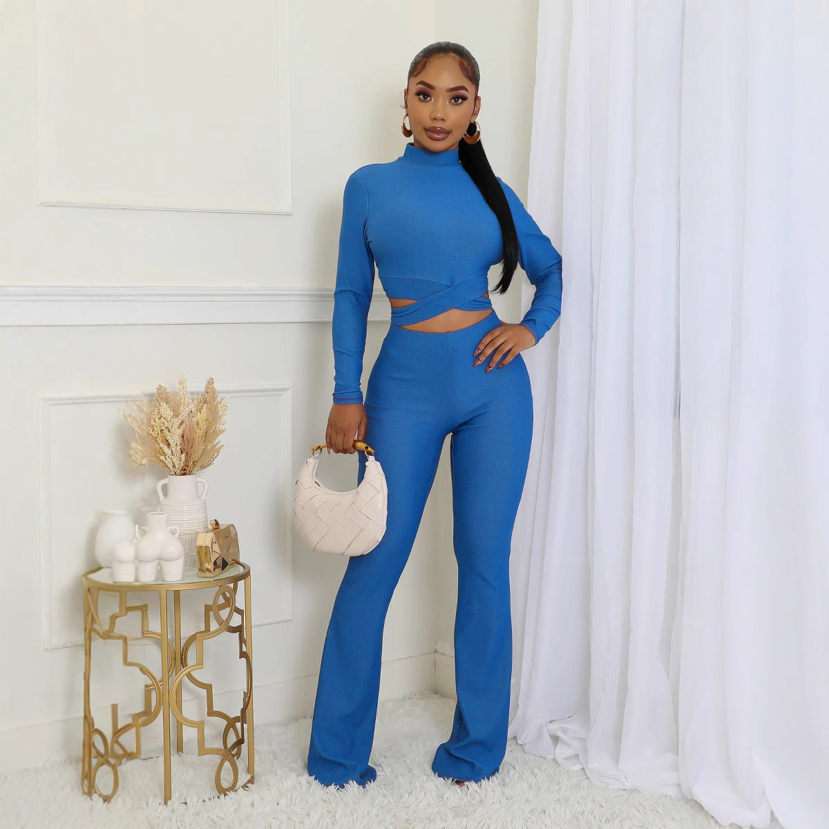 Long-Sleeved Tight Slim Top High Waist Bell Bottom Stretch Pants Set