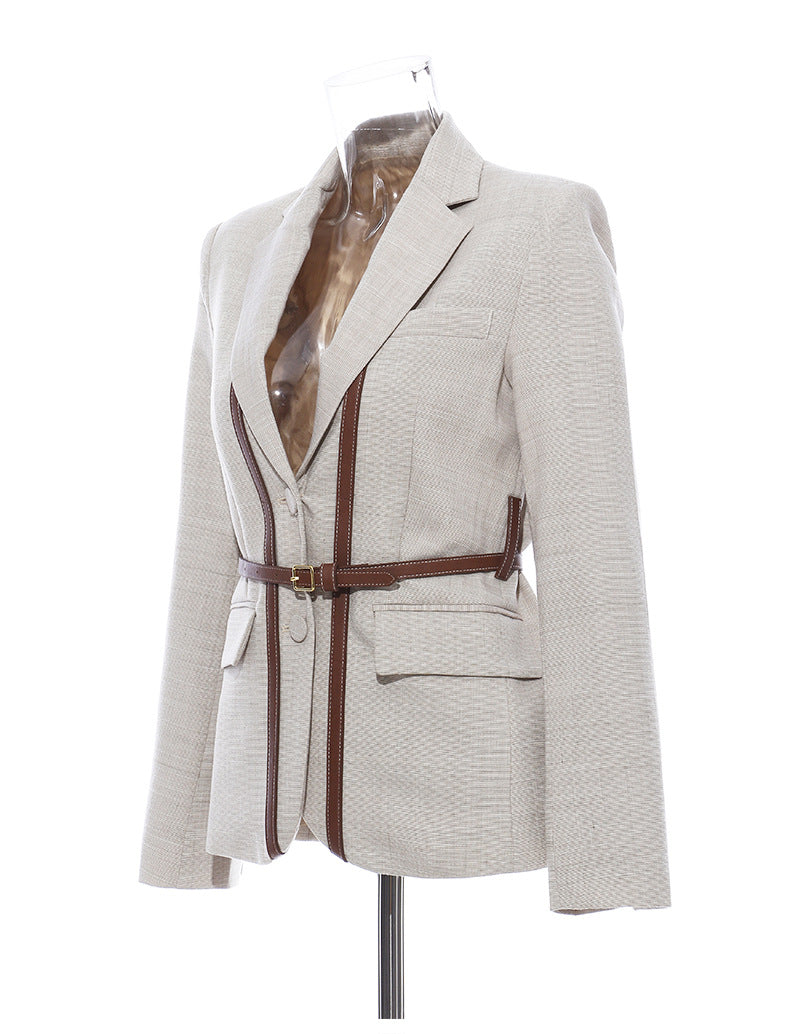 Fashion Leather Belt Patchwork Blazer Jacket 7