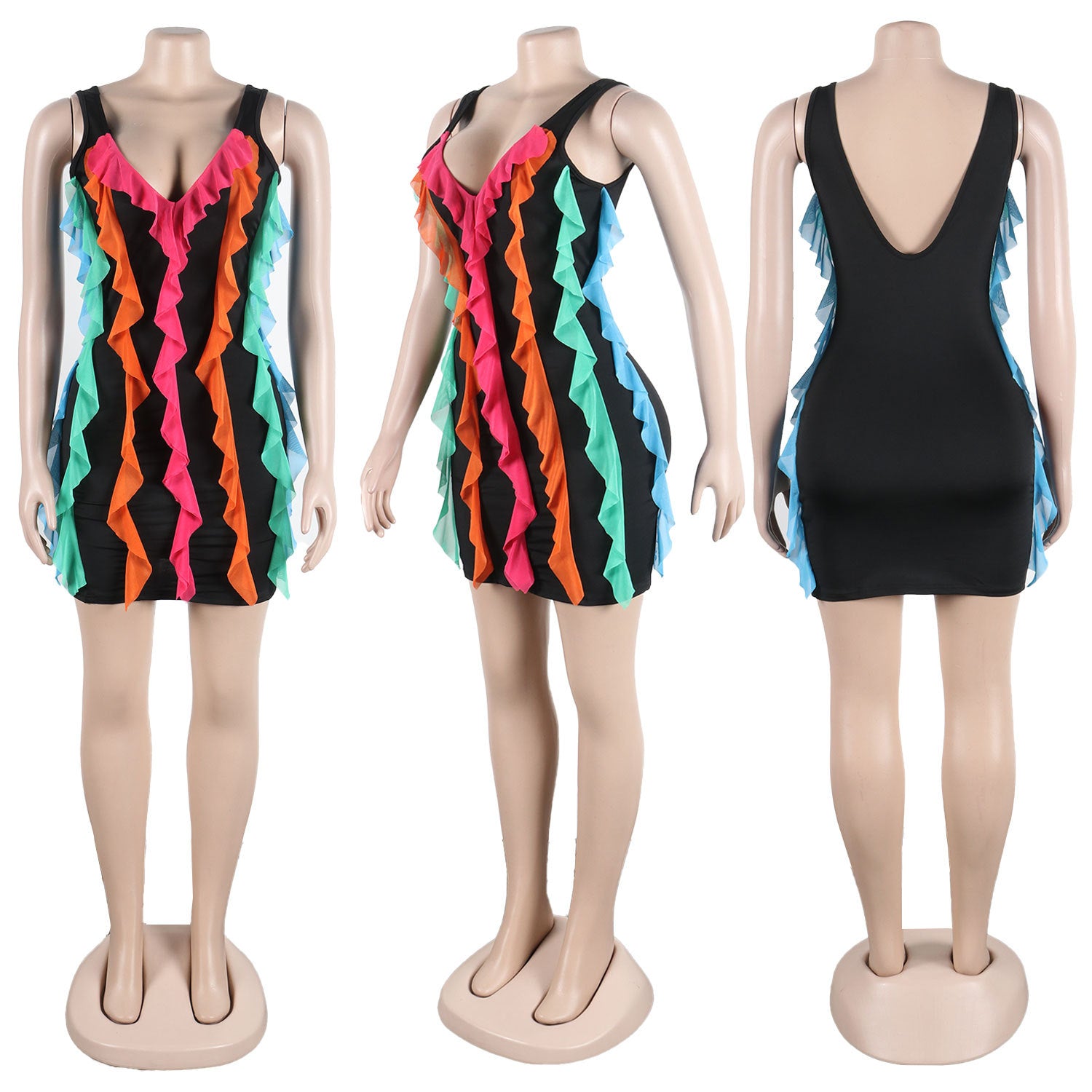 Women Contrasting Ruffles Line Irregular Mini Dress 33