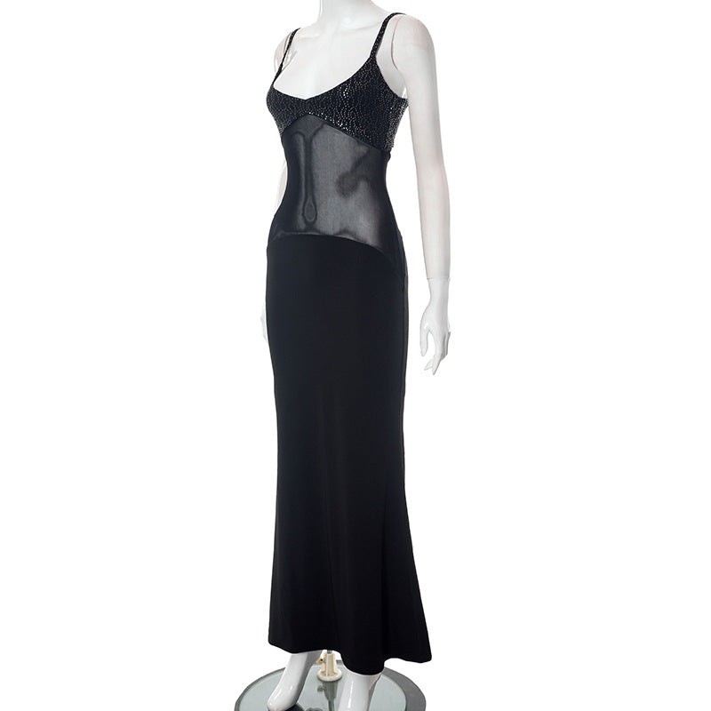 Women's Summer Solid Casual Mesh See-Through Straps Slim Maxi Dress 10