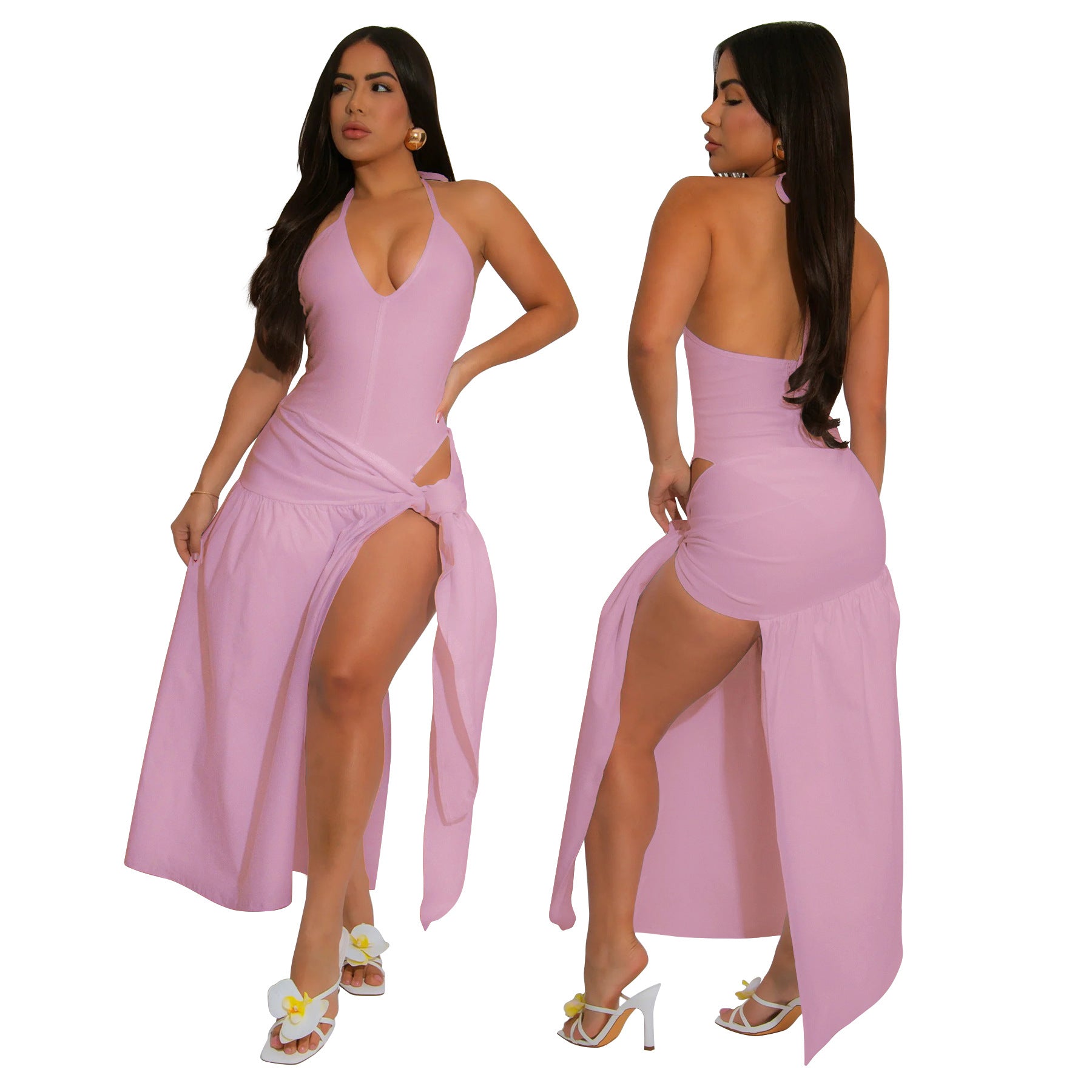 Women's Solid Color Lace-Up Sexy Slit Skirt Bodysuit Two Piece Set 4