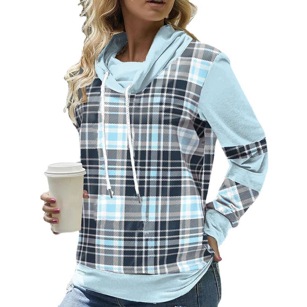 Autumn Women Plaid Printed Long Sleeve High Collar Loose Casual Top 11
