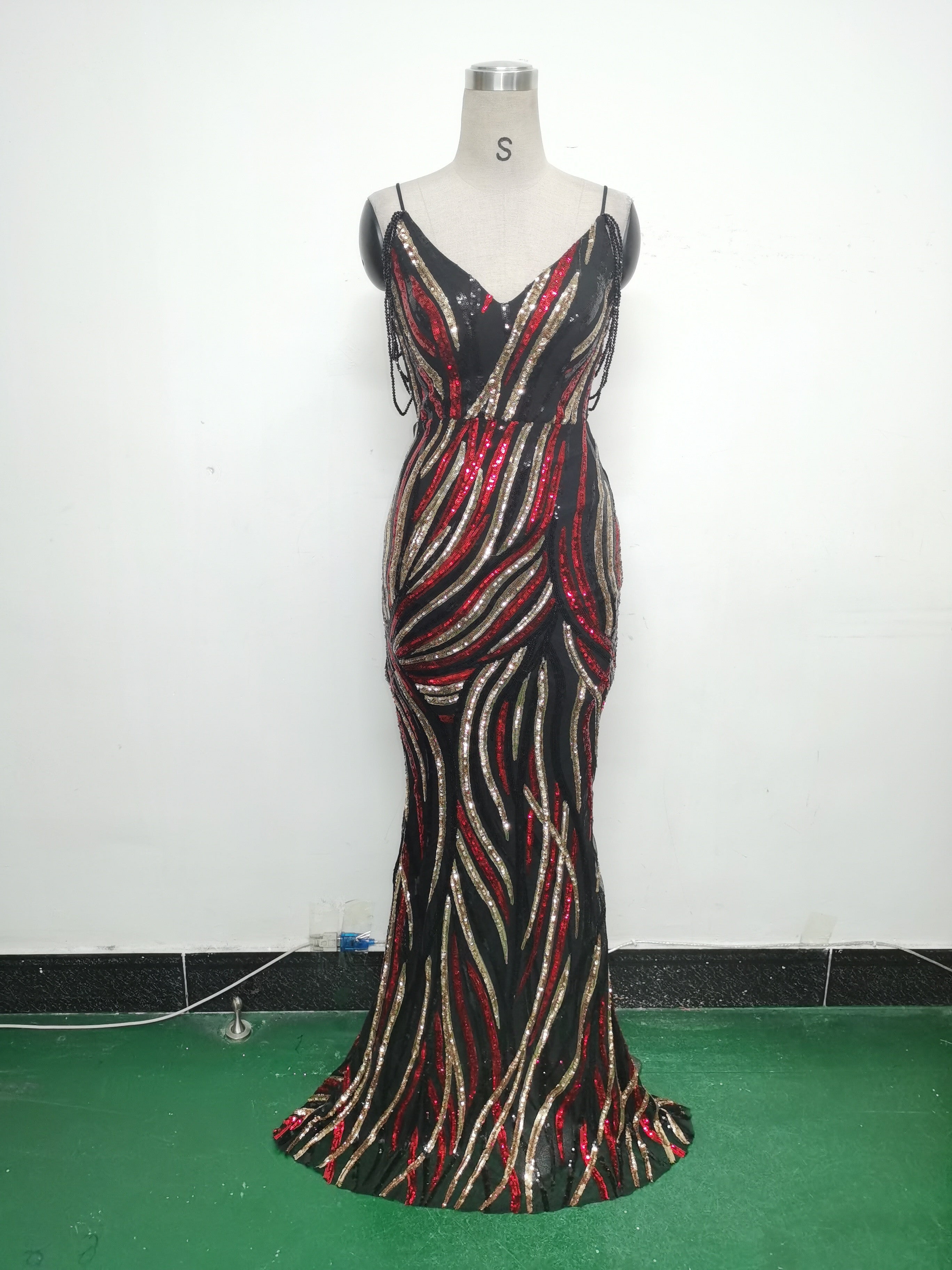 Women sequined striped color matching maxi evening dress 17