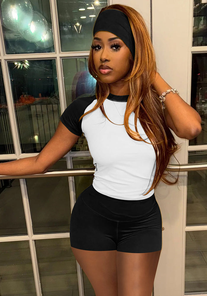 Women Spring and Summer Contrast Color Sports Top and Shorts Two-Piece Set with Hairband