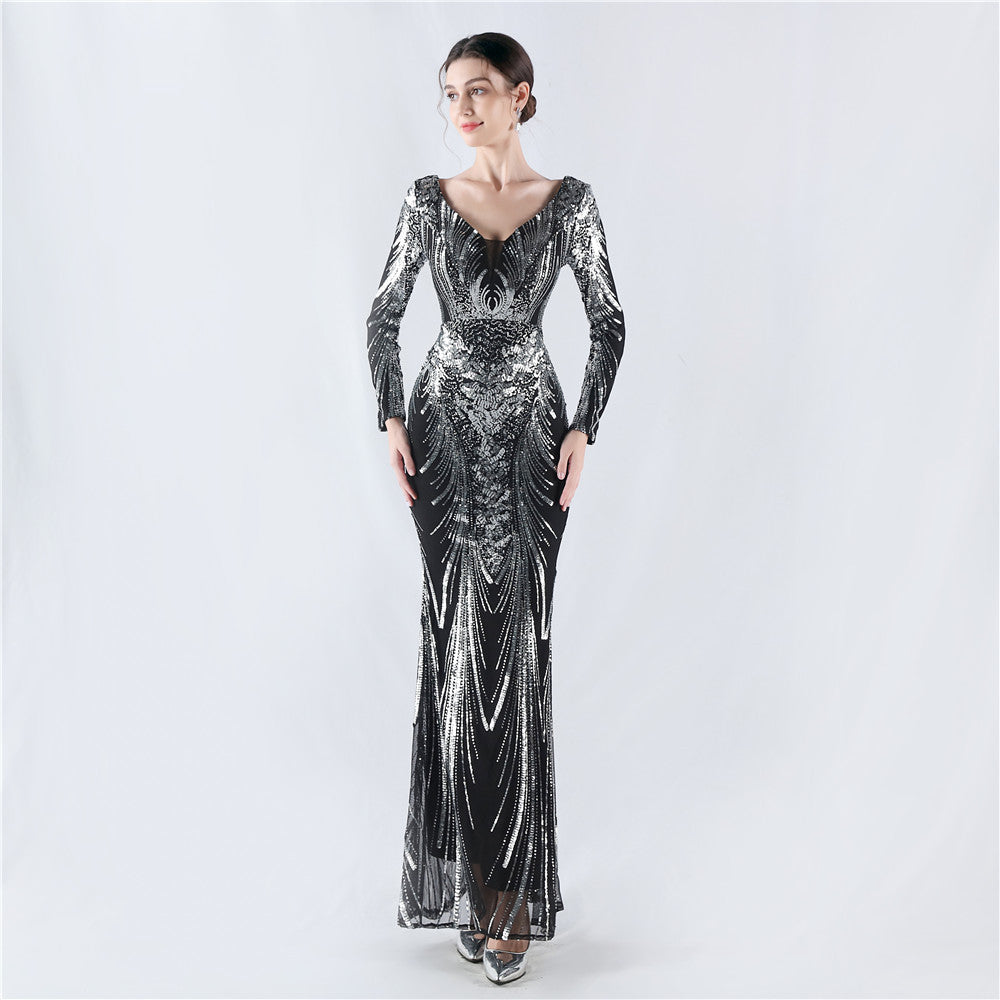 V-Neck Long Sleeve Sequins Plus Size Formal Party Evening Dress 11