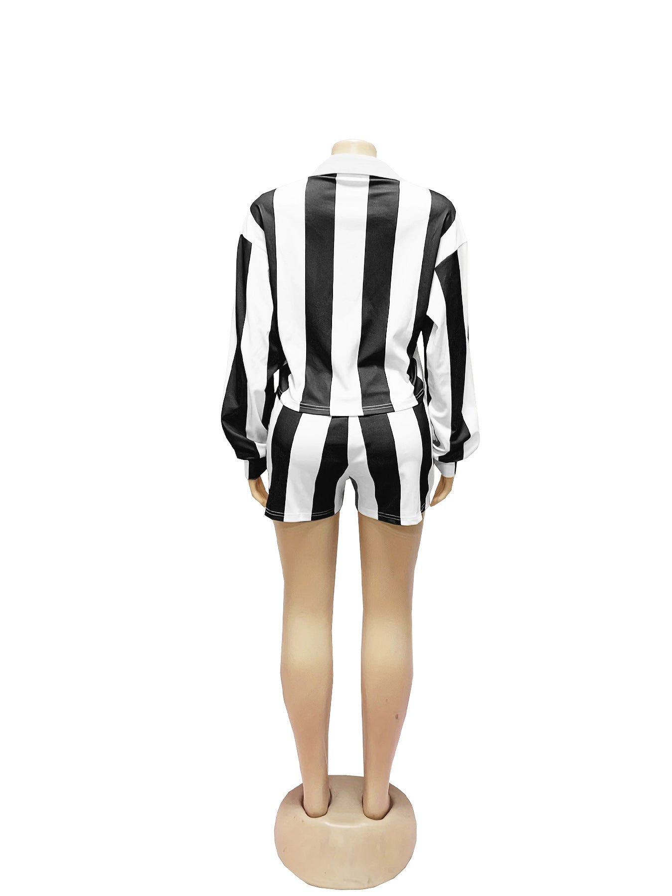 Women Summer Casual Striped Turndown Collar Top and Shorts Two-Piece Set 18