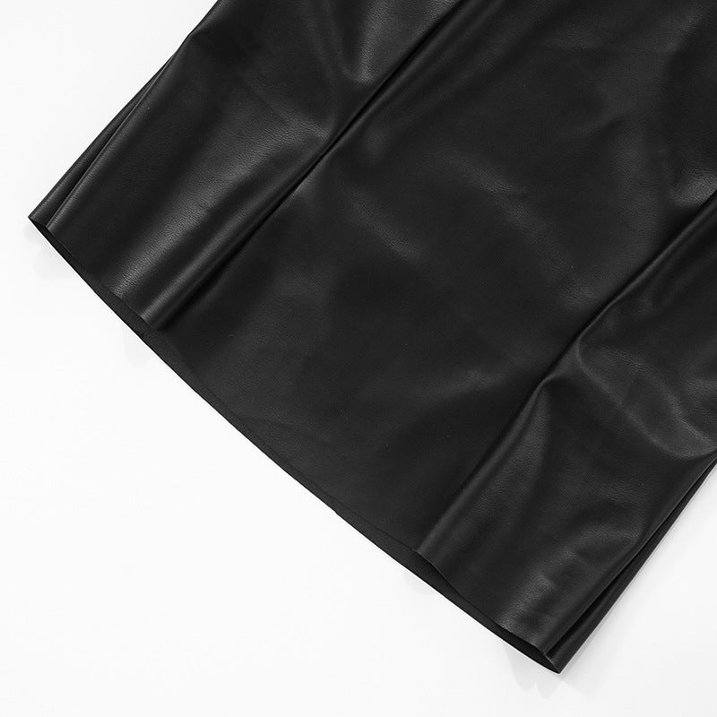 Women Sexy Solid Pu-Leather Halter Neck Backless Top and Pants Two-Piece Set 30