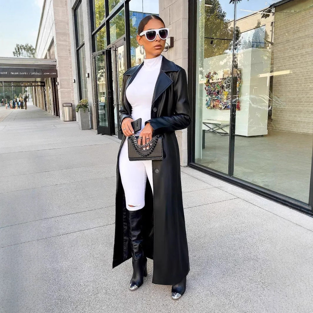 Women Fall/Winter Turndown Collar Button Pu-Leather Jacket 3