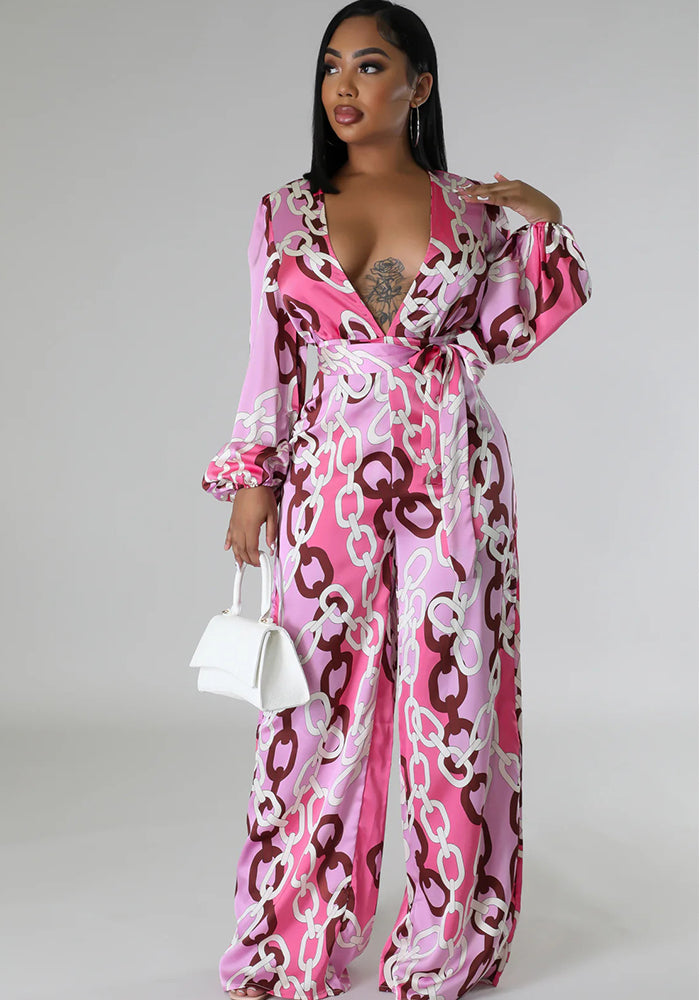 Printed Deep V Long Sleeve Women's Casual Loose Jumpsuit