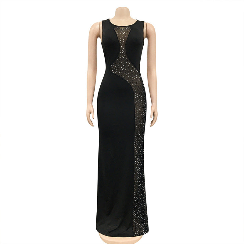 Women Sexy Beaded Mesh See-Through Sleeveless Backless Maxi Dress 4