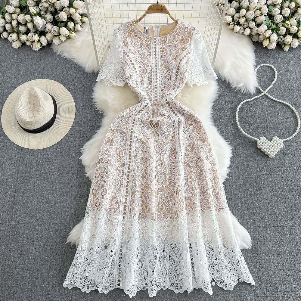 Round Neck Ruffle Sleeve Lace Dress Women's Summer Slim Fit Chic Elegant Gown 11