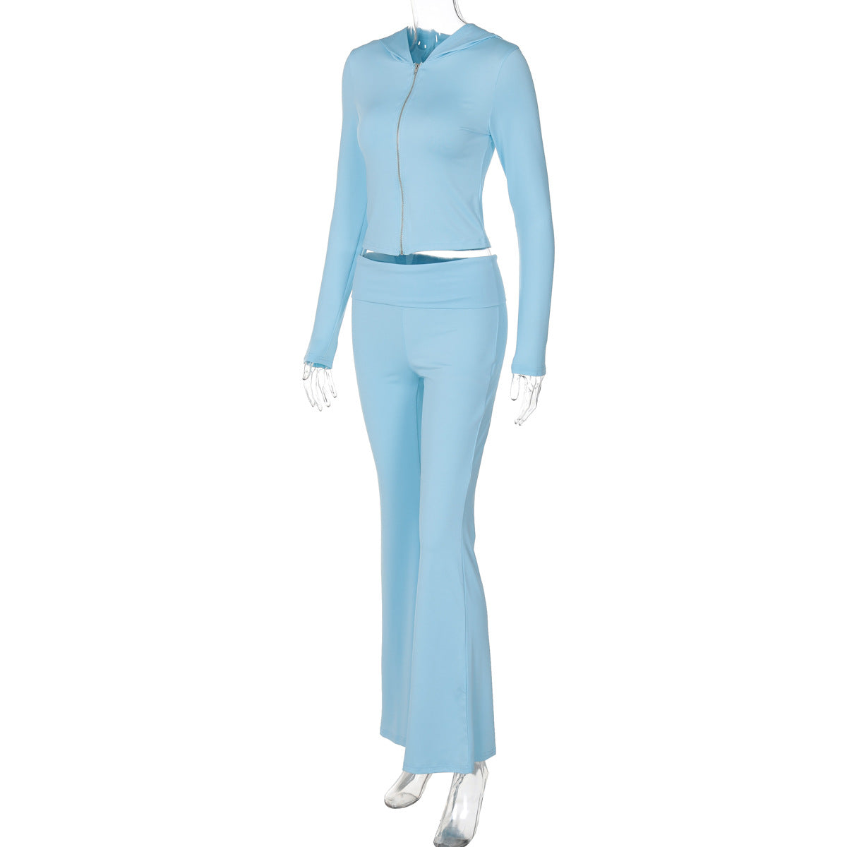 Women's autumn and winter zipper long sleeve hooded top Bell Bottom pants fashion Casual two piece set 21