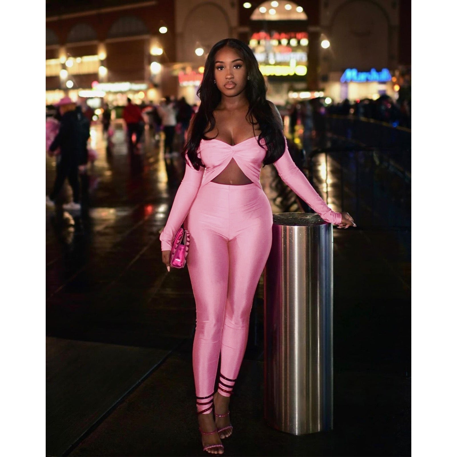 Sexy Women's Solid Color Off Shoulder Hollow Long Sleeve Tight Slim Jumpsuit 8