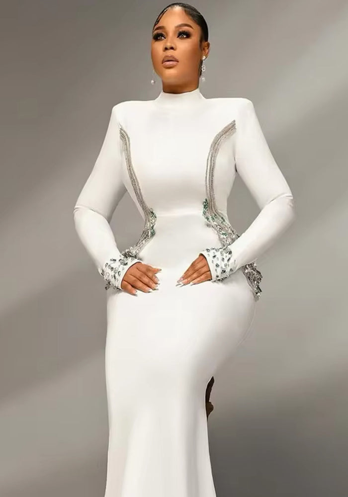 Fall/Winter Long-Sleeve Bandage Dress Rhinestone High Neck Party Gown
