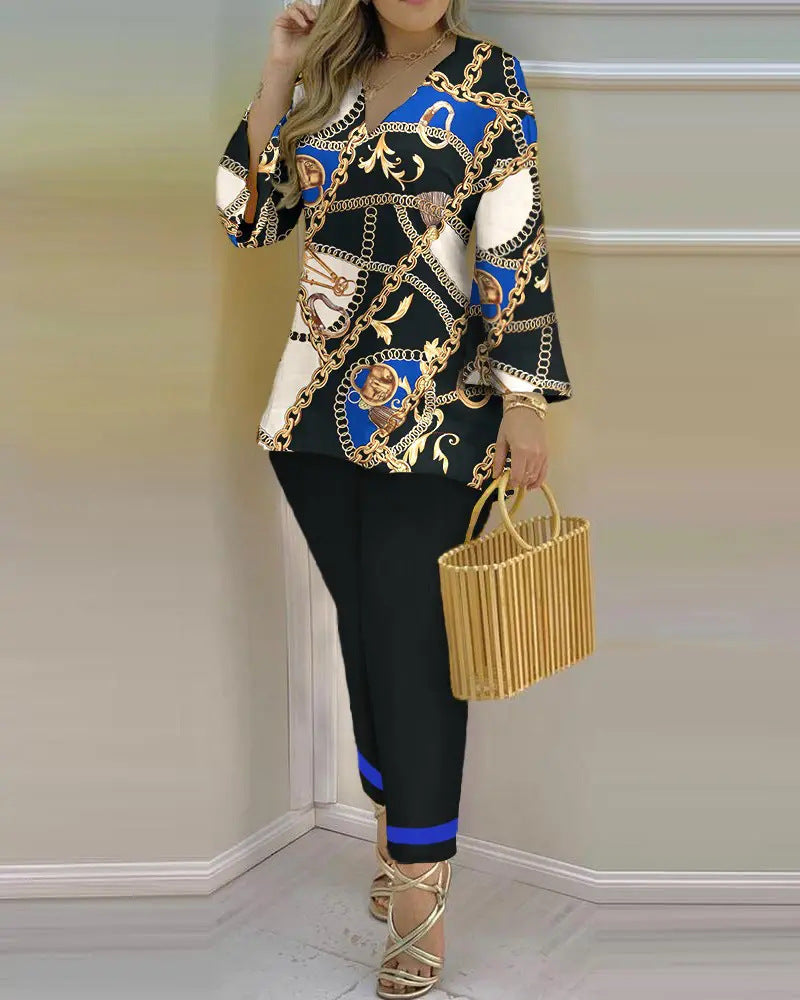 Spring Summer Print Fashion V-Neck Long Sleeve 2-Piece Pants Set 16