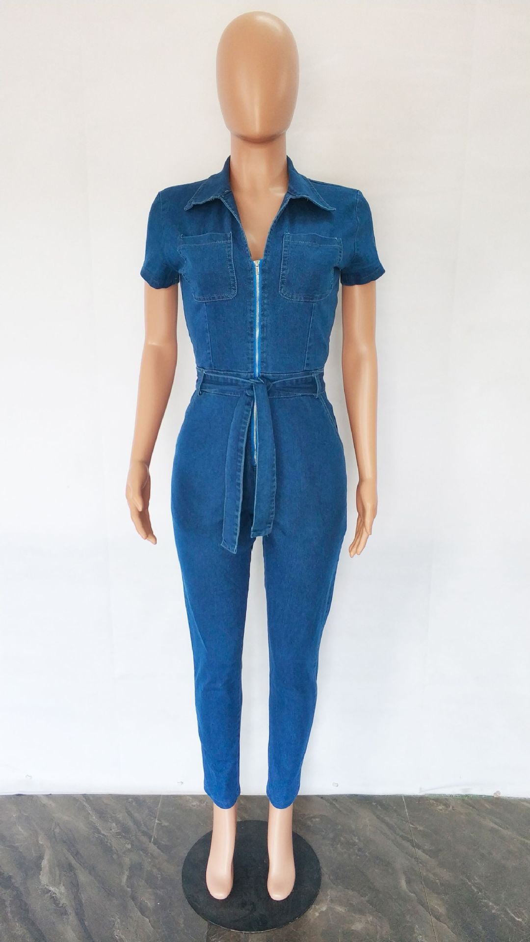 Women'S Sexy Fashion Short Sleeve Zip Slim Fit Denim Jumpsuit 8