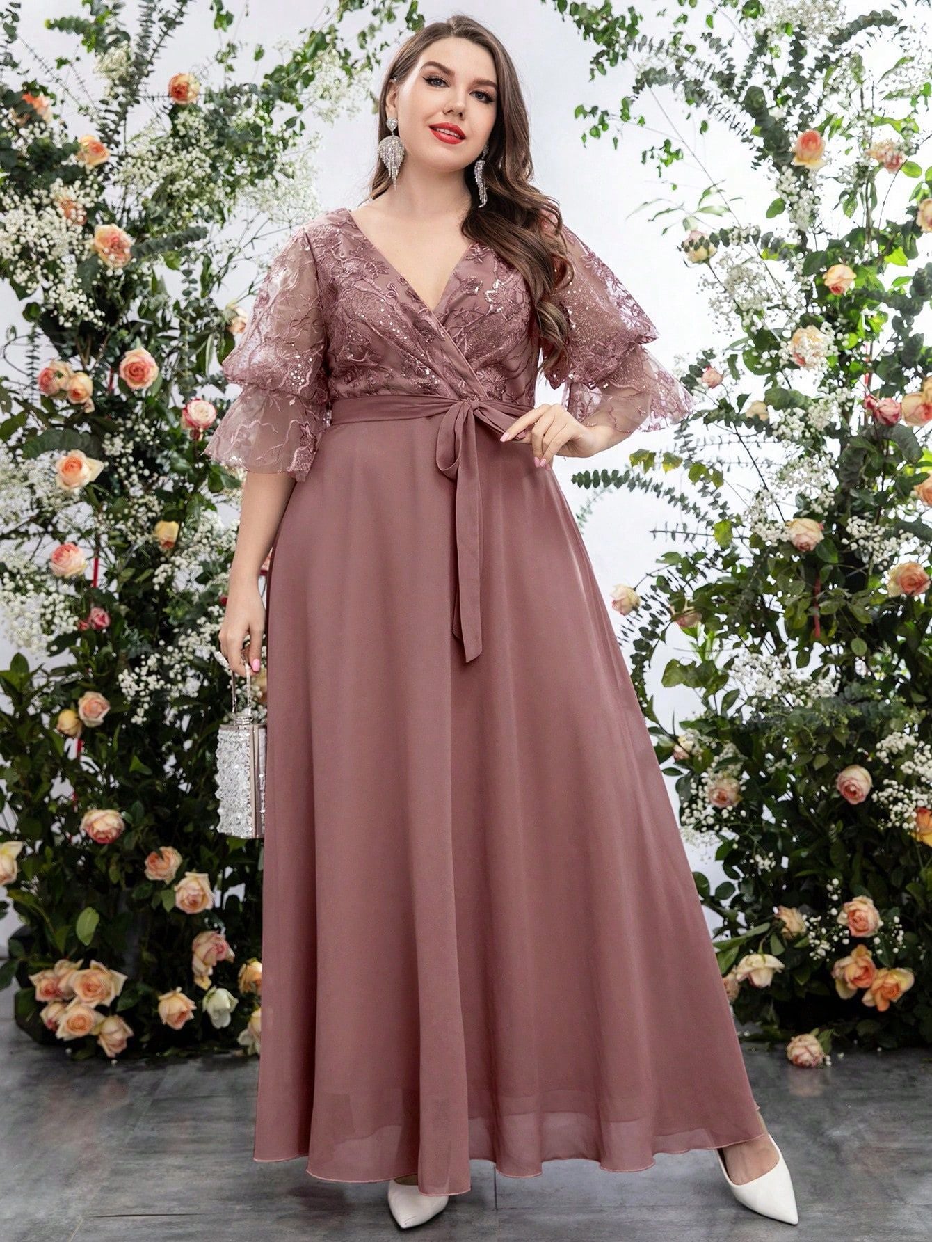 Plus Size Women's V-Neck Mesh Embroidered Patchwork Solid Color Chiffon Waist Lace-Up Elegant Dress 6