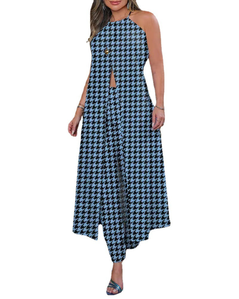 Spring And Summer Chic Halter Neck Sleeveless Houndstooth Printed Loose Top High Waist Pants Two Piece Set 11