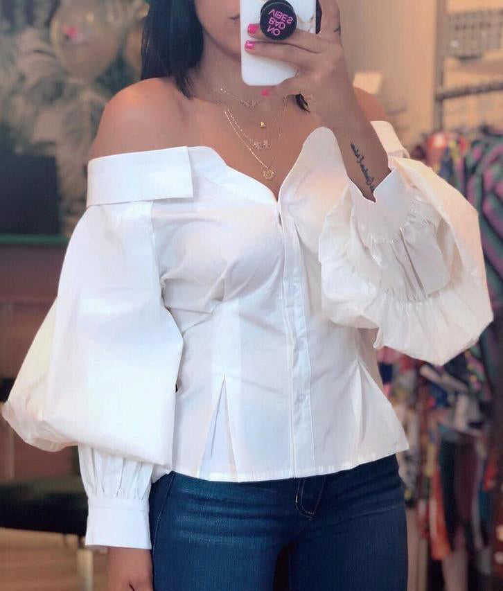 Off Shoulder Lantern Sleeve Shirt 4