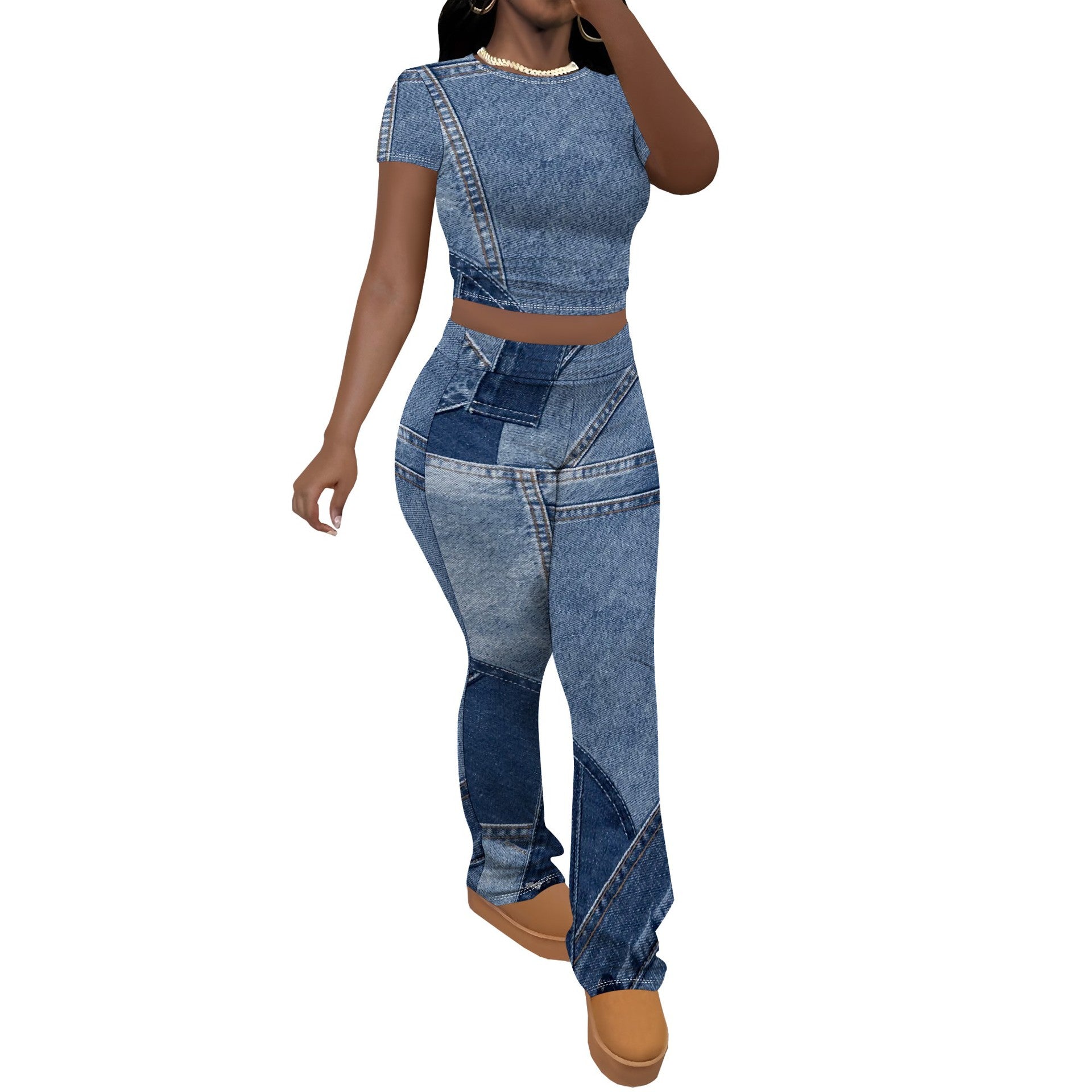 Women Casual Printed Short-Sleeved Top and Pants Two-Piece Set 8