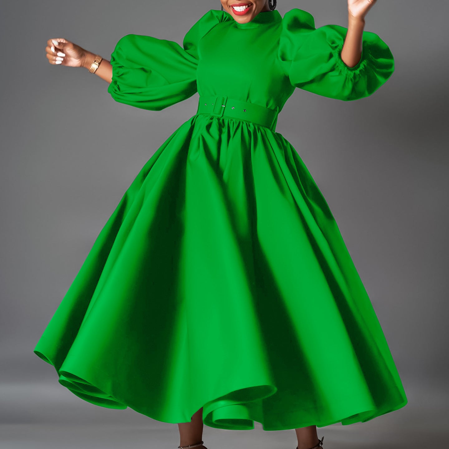 Plus Size Women's Loose Fashion Solid Color Puff Sleeve A-Line African Dress 4