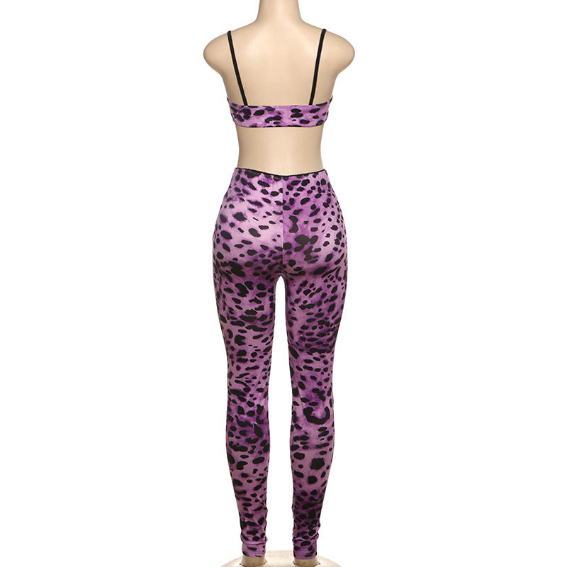 Women's fashionable sexy leopard print straps Low Back high waist Butt Lift Tight Fitting Two Piece Pants Set 8