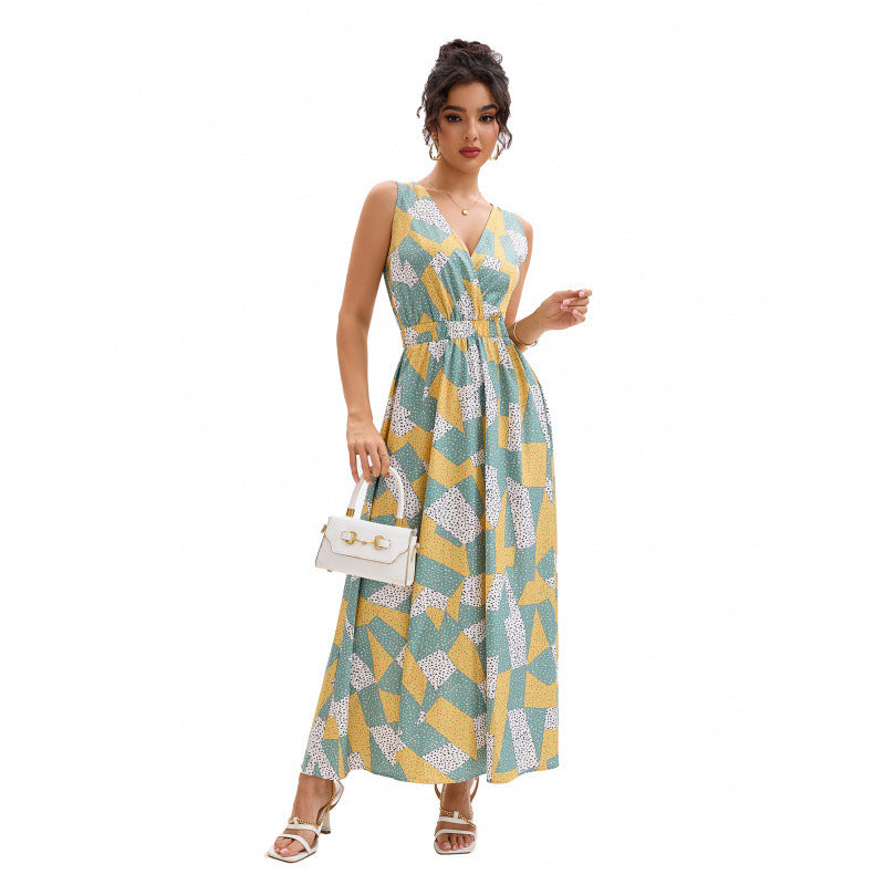 Geometric Print V-Neck Slim Waist Casual Maxi Dress 4