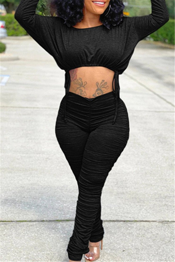 Women's Autumn And Winter Fashion Casual Sports Round Neck Pleated Drawstring Long-Sleeved Two Piece Trousers Set 6