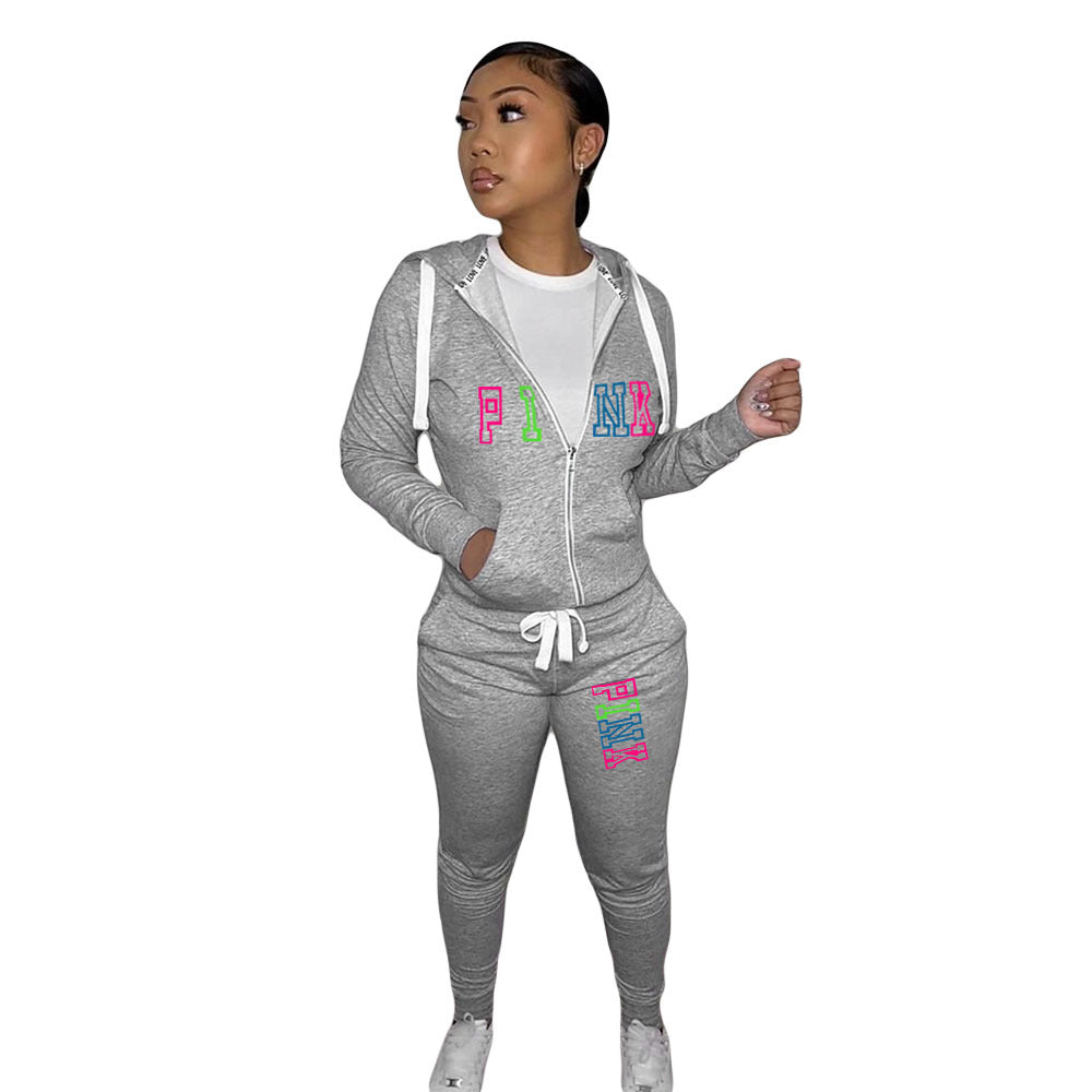 Plus Size Fall/Winter Women's Zipper Print Two Piece Hoodies 9
