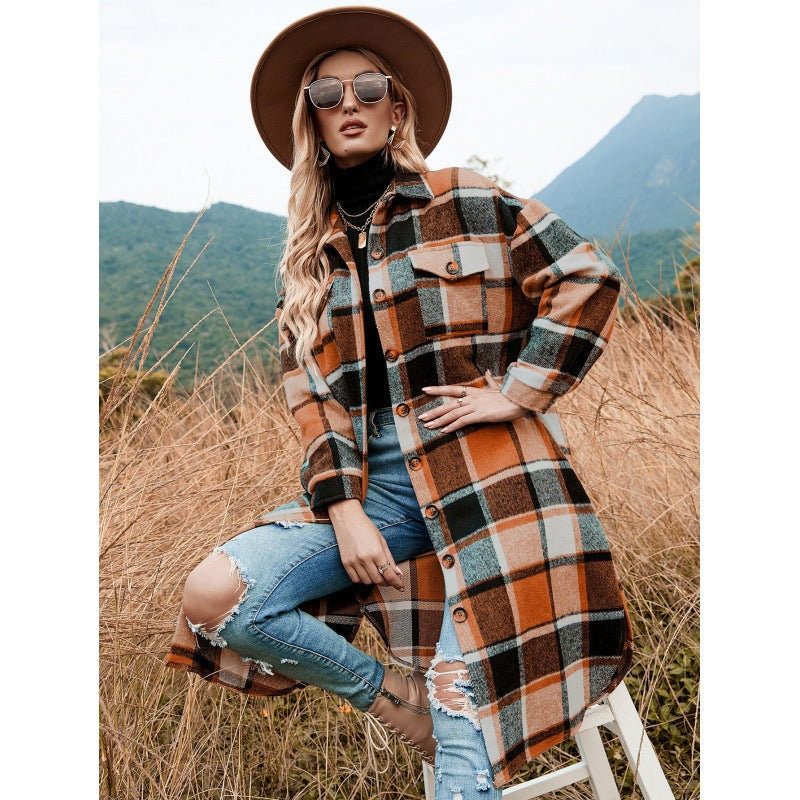 Autumn And Winter Chic Windbreaker Coat Side Slit Turndown Collar Loose Plaid Shirt Jacket