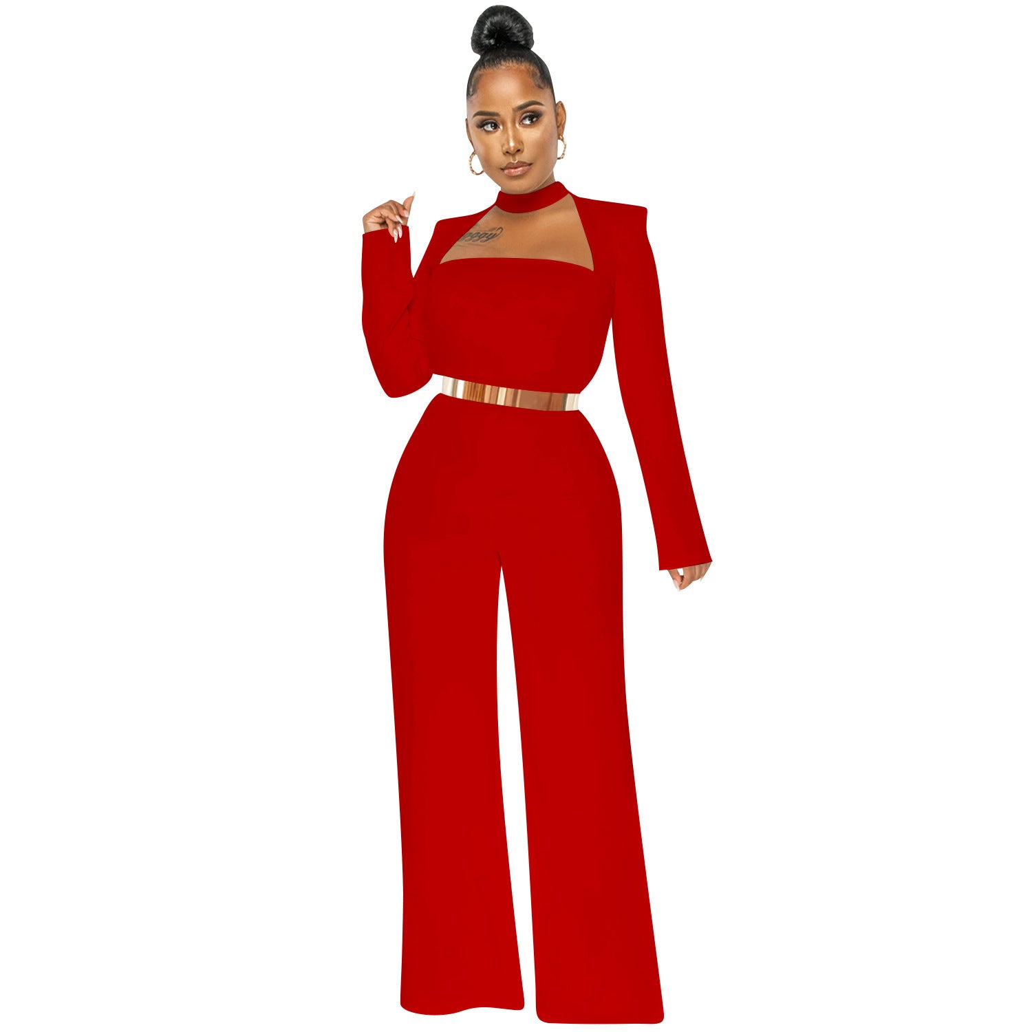 Women Fashion Solid Color Long Sleeve Wide Leg Pants Jumpsuit 10