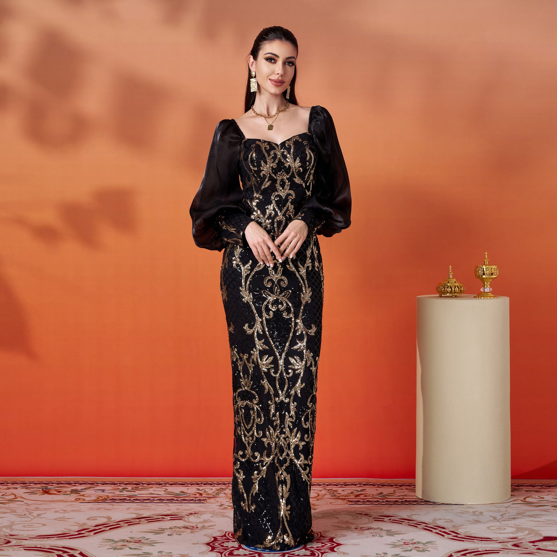 Women long sleeve square neck sequins formal party evening dress 7