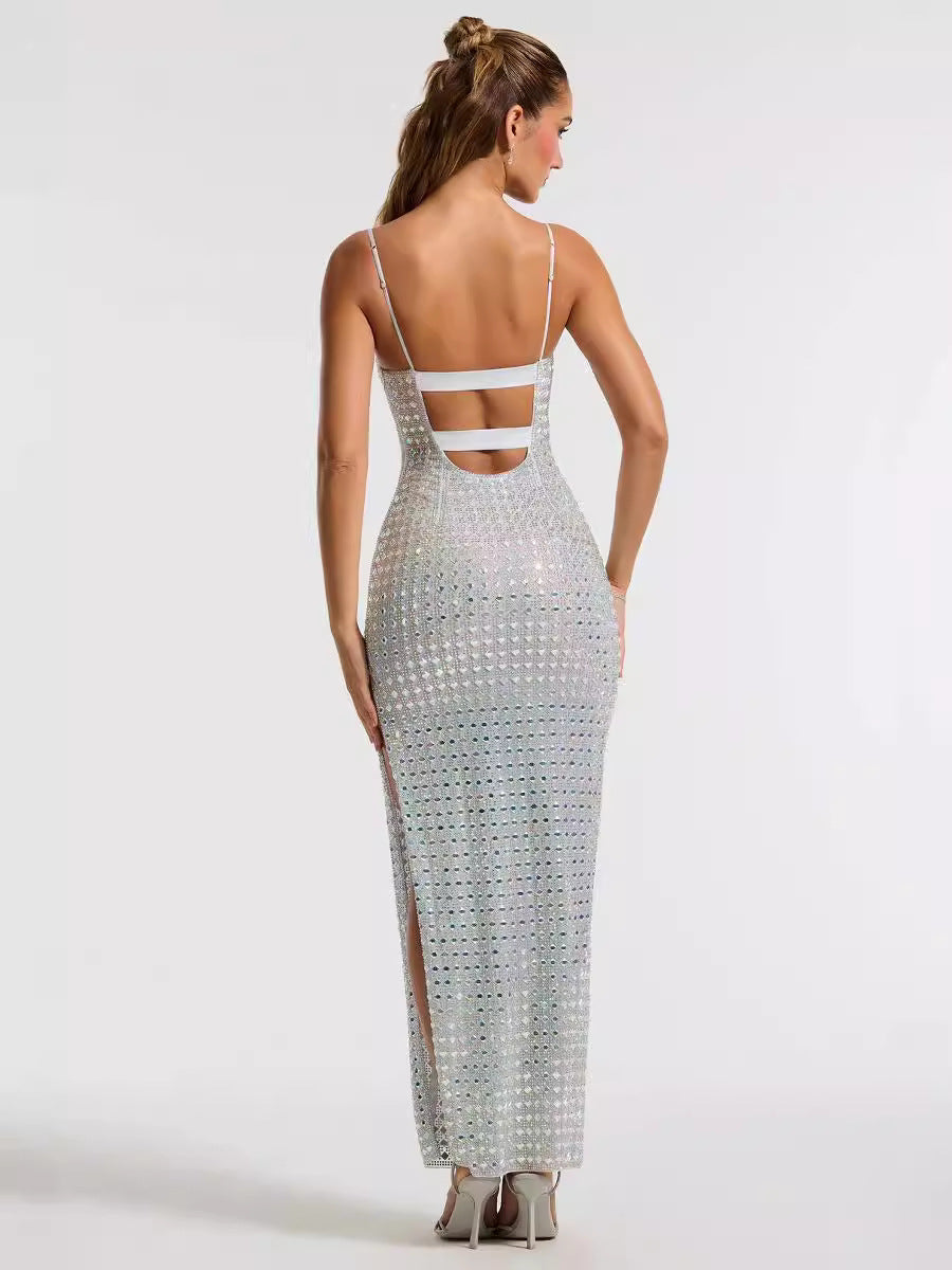 Summer Women Elegant Slit Beaded Strap Maxi Dress 3