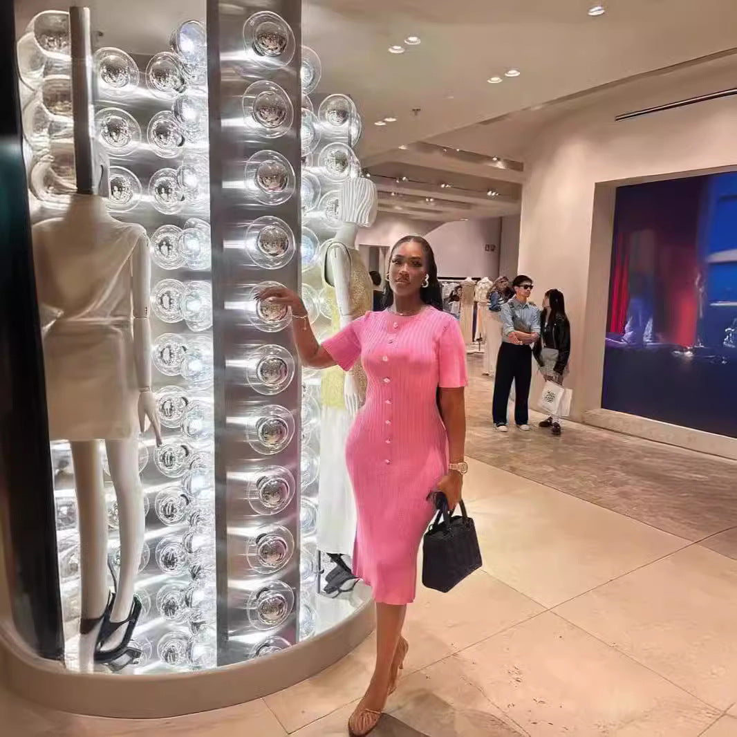 Women Summer Round Neck Short Sleeve Chic Knitting Bodycon Dress 7