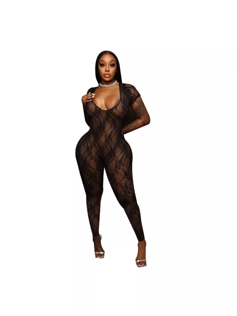Women Summer Lace Short Sleeve Backless Sexy Jumpsuit 9