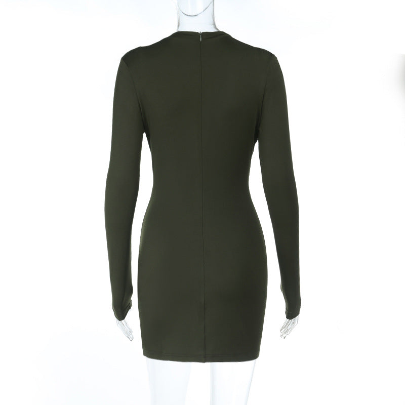 Women Sexy V-Neck Hollow Metal Button Long-Sleeved Bodycon Dress 11