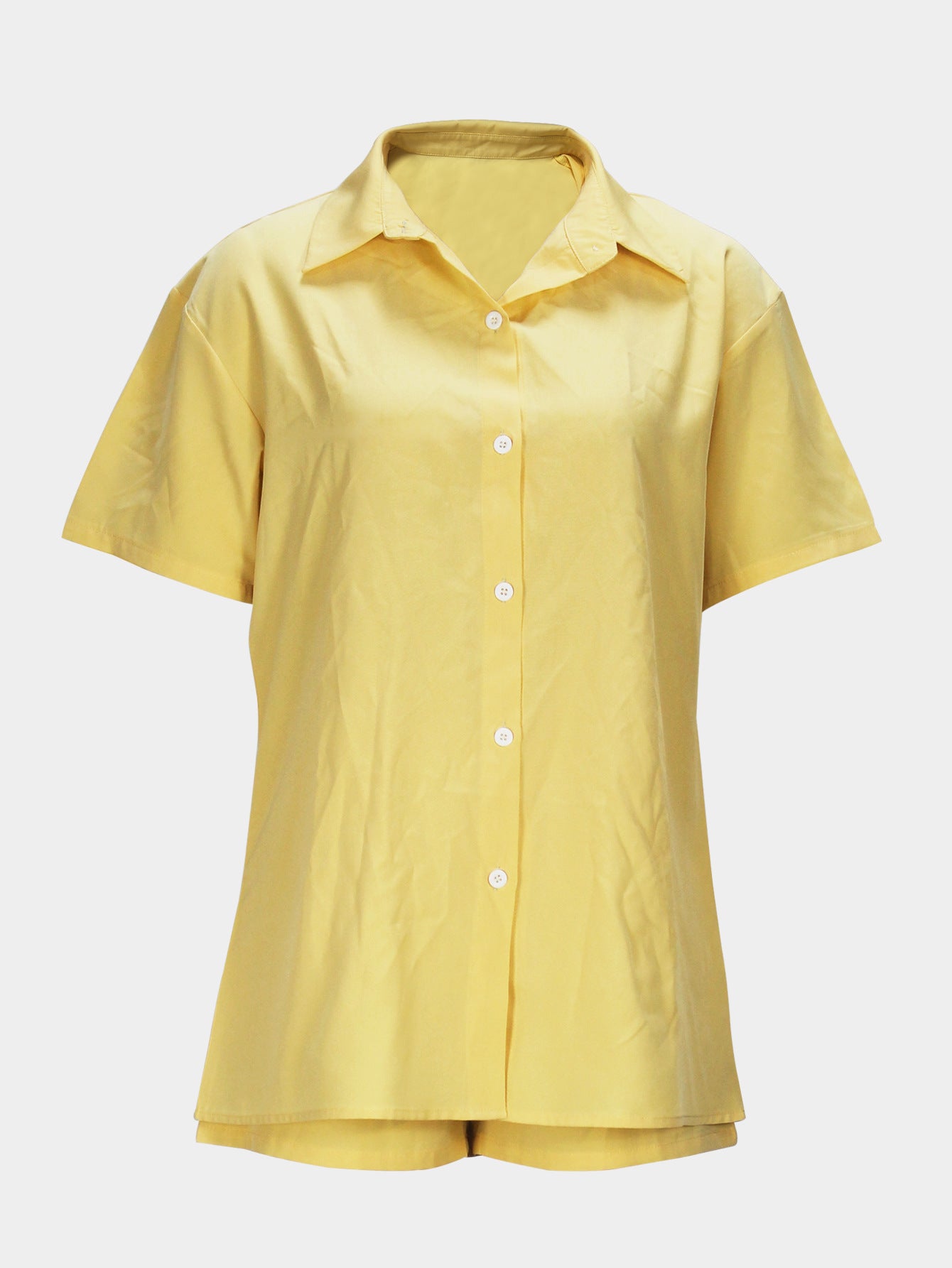 Women's Casual Fashion Short Sleeve Turndown Collar Shirt Elastic Waist Shorts Set 4