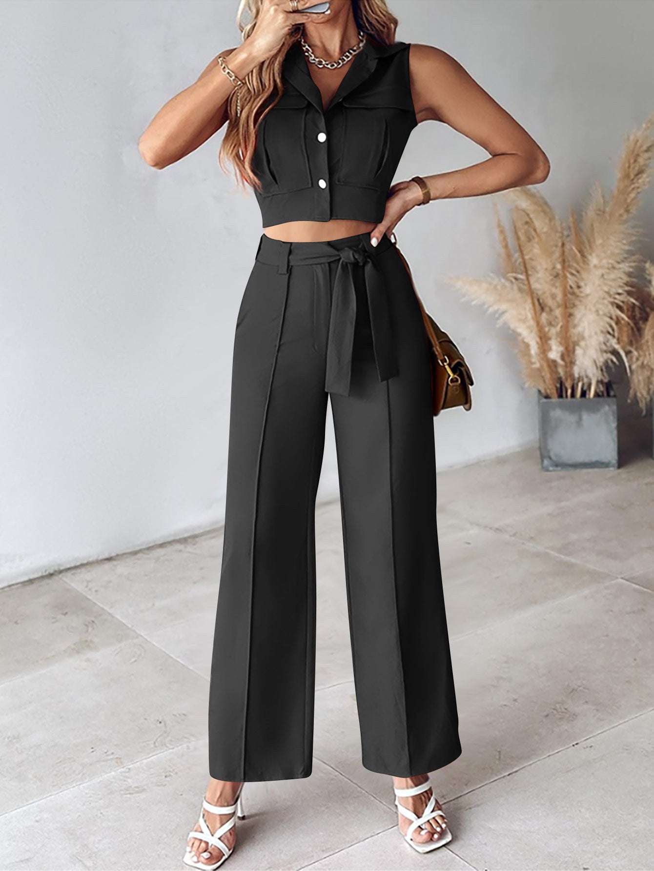 Women Casual Turndown Collar Vest and Pants Two Piece Set 3