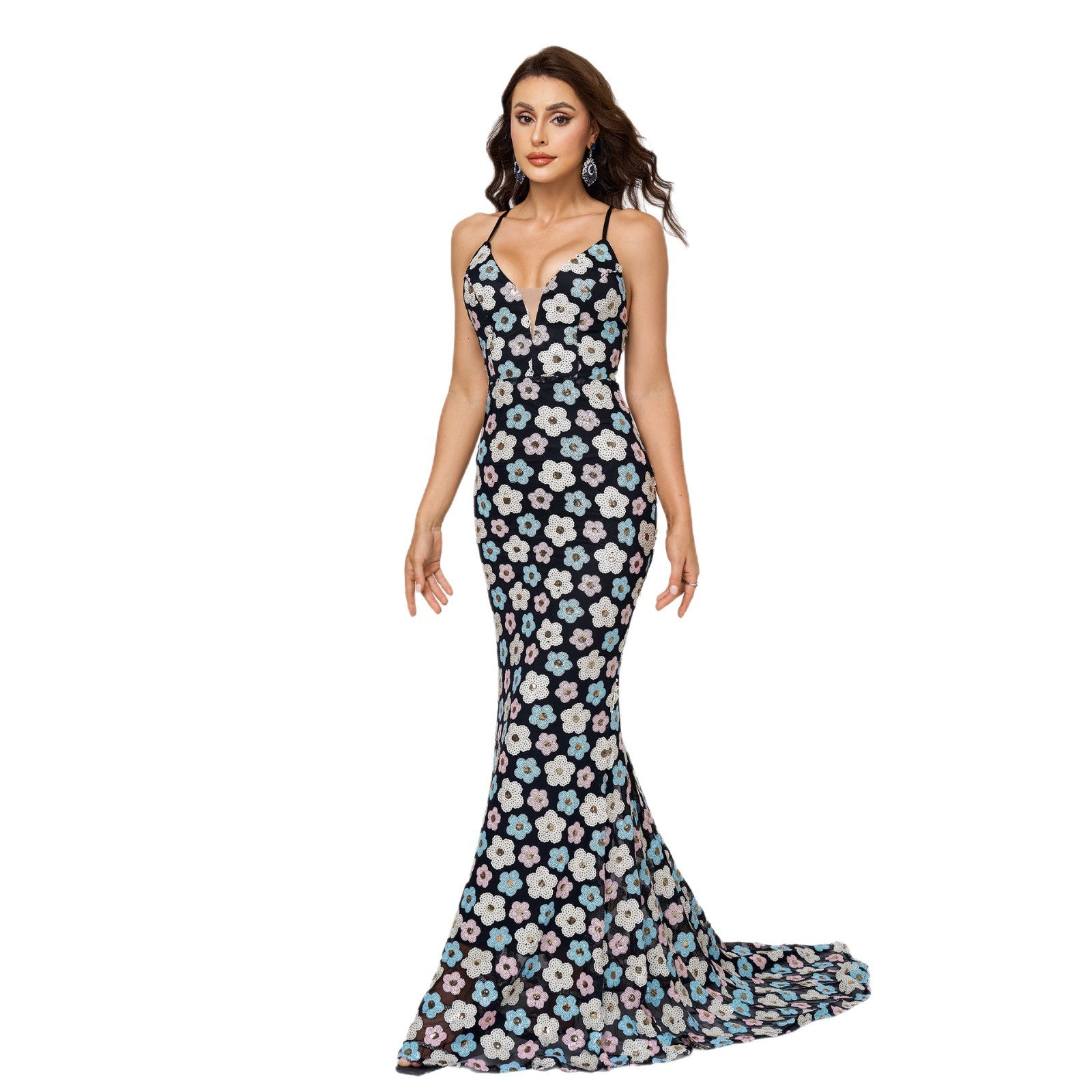 Women Suspender V Neck Bodycon Sequin Formal Party Fishtail Evening Dress 6