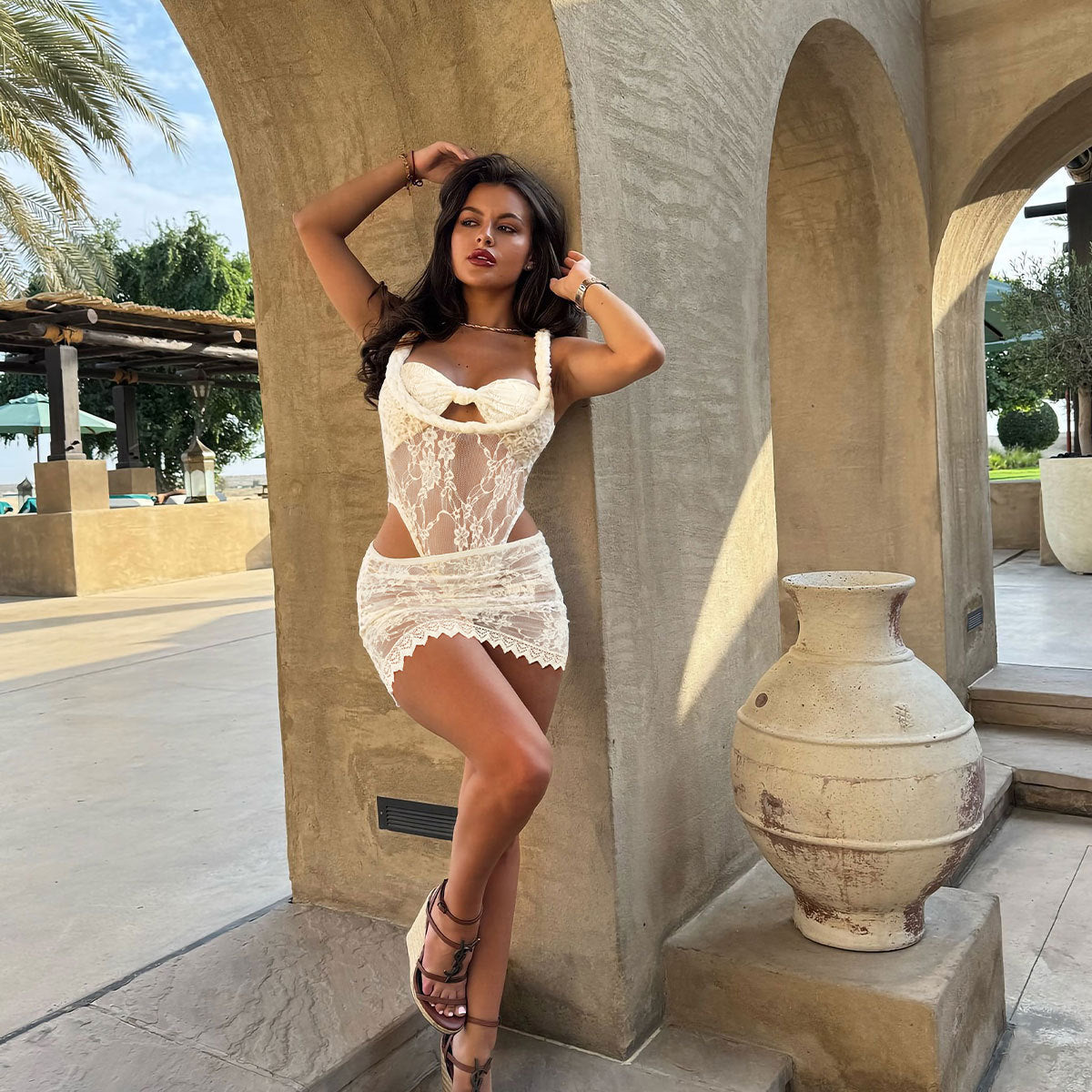 Solid Color Strapless Tie-Front One-Piece Swimsuit with Sheer Skirt 6