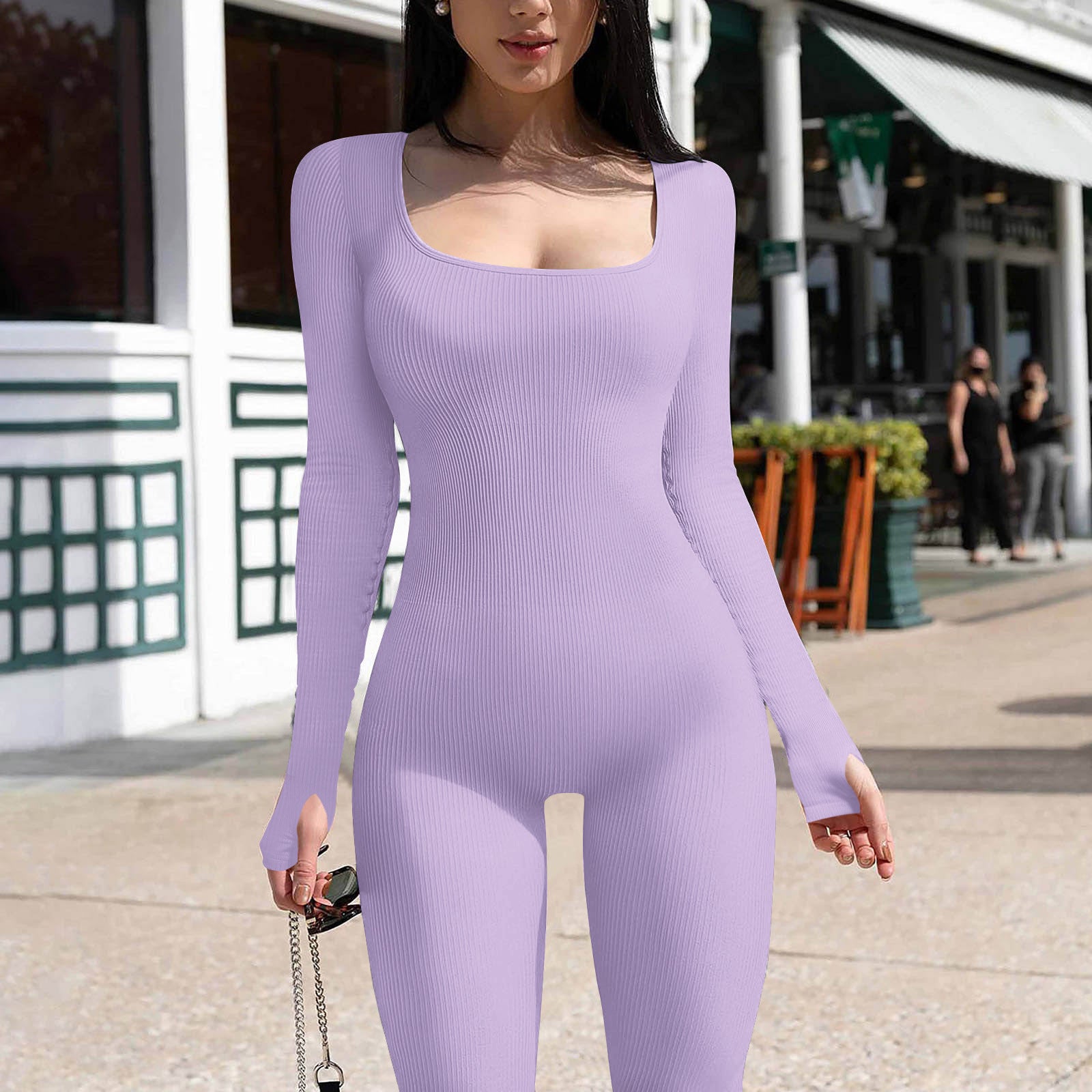 Women's Solid Color Long Sleeve Ribbed Square Neck Low Back Slim Fit Jumpsuit 20