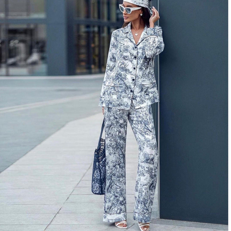 Spring And Autumn Print Turndown Collar Long Sleeve Shirt Trousers Two-Piece Suit Women's Clothing