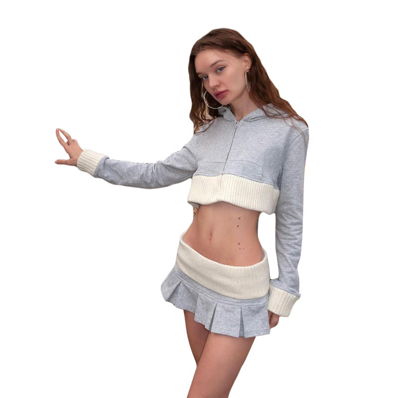 Autumn Women's Long Sleeve Crop Jacket High Waist Slim Fit Pleated Skirt Two Piece Set 7